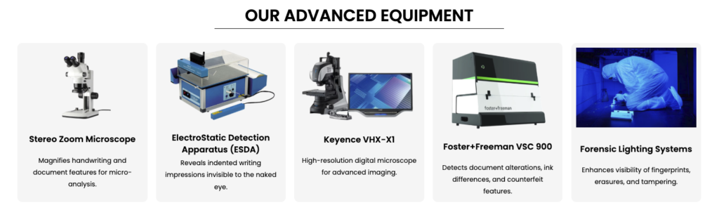 Stereo Zoom Microscope
Magnifies handwriting and document features for micro-analysis.
ElectroStatic Detection Apparatus (ESDA)
Reveals indented writing impressions invisible to the naked eye.
Keyence VHX-X1
High-resolution digital microscope for advanced imaging.
Foster+Freeman VSC 900
Detects document alterations, ink differences, and counterfeit features.
Forensic Lighting Systems
Enhances visibility of fingerprints, erasures, and tampering.